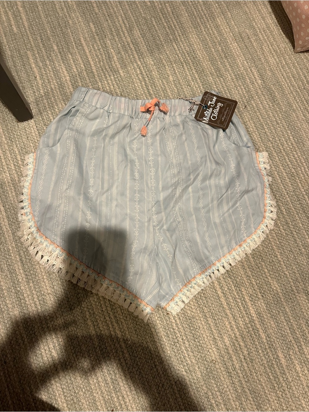 Matilda Jane Light Blue Crochet-Trim Kids Shorts with Coral Tie